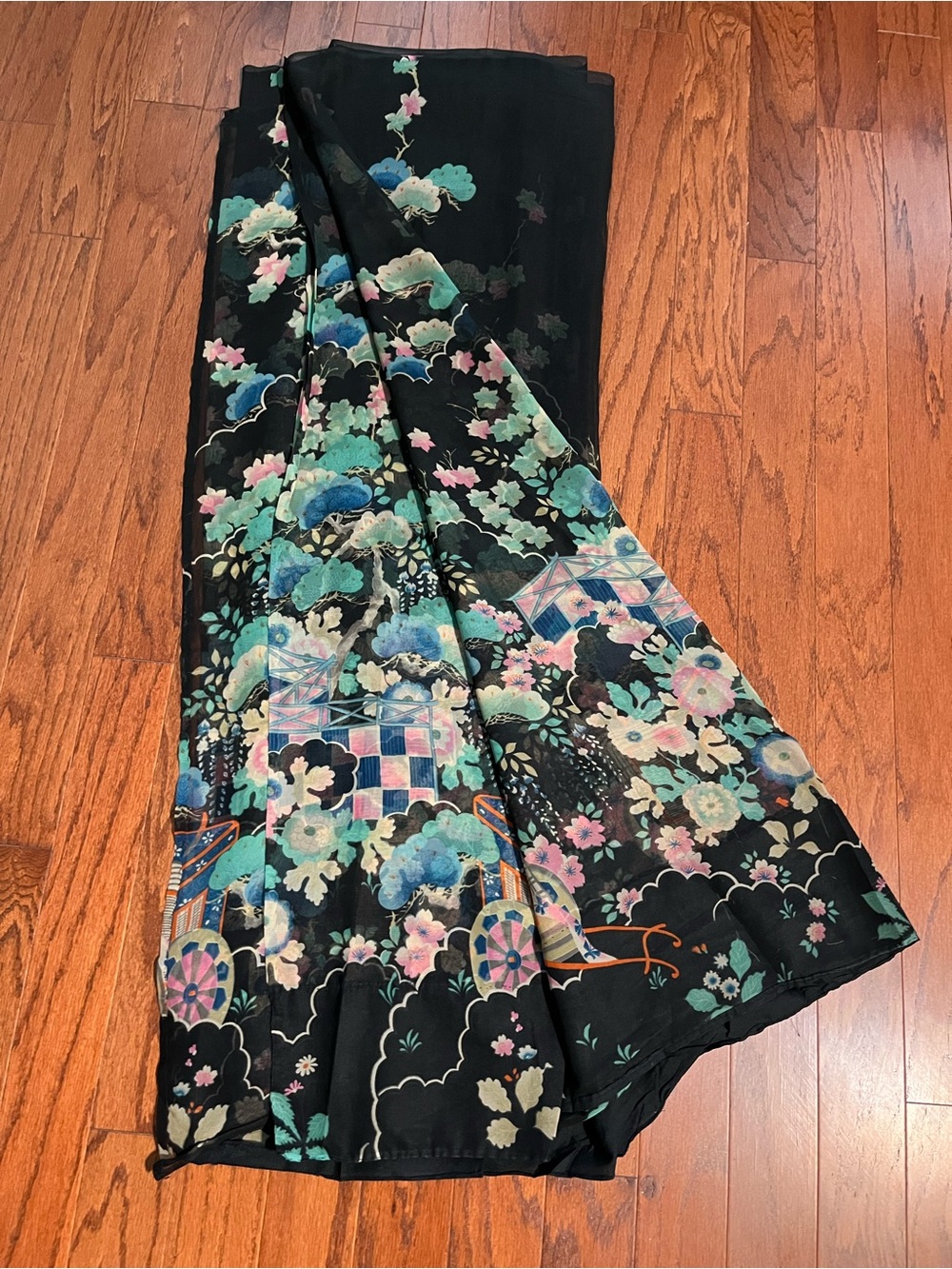 Black Floral Silk Saree with Pastel Garden Print